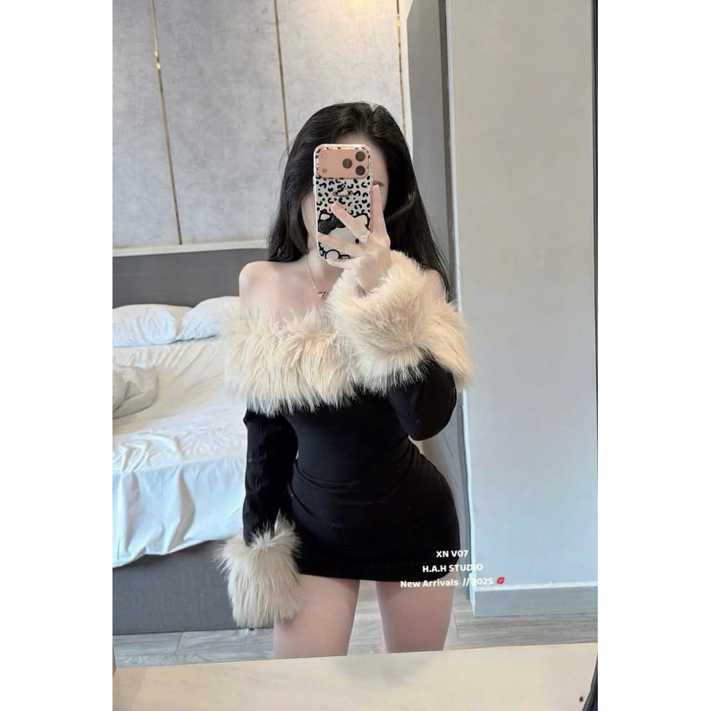Đầm body len trễ vai phối lông siu sang tôn dáng