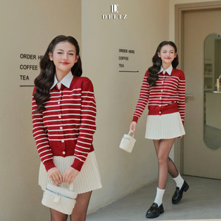 DELIZ - Áo len cardigan mỏng tay dài phối cúc viền đỏ kẻ ngang chất len lông thỏ dệt kim hàng thiết kế CD834