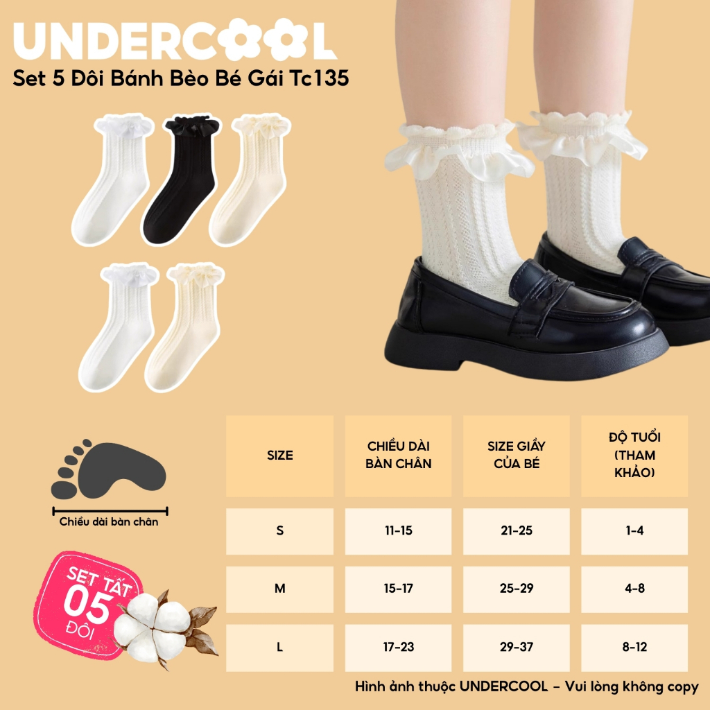 Set 5 Đôi Tất Vớ Cổ Cao Bánh Bèo Cho Bé Gái 1-12 Tuổi UNDERCOOL Cotton Mềm Mại  Phong Cách Tiểu Thư Công Chúa tc135