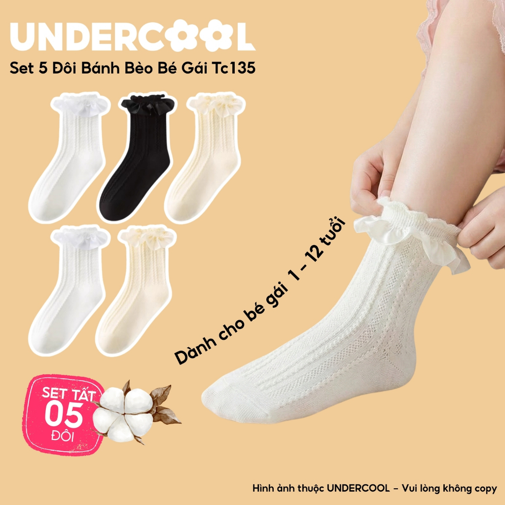 Set 5 Đôi Tất Vớ Cổ Cao Bánh Bèo Cho Bé Gái 1-12 Tuổi UNDERCOOL Cotton Mềm Mại  Phong Cách Tiểu Thư Công Chúa tc135