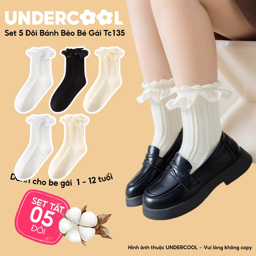 Set 5 Đôi Tất Vớ Cổ Cao Bánh Bèo Cho Bé Gái 1-12 Tuổi UNDERCOOL Cotton Mềm Mại  Phong Cách Tiểu Thư Công Chúa tc135