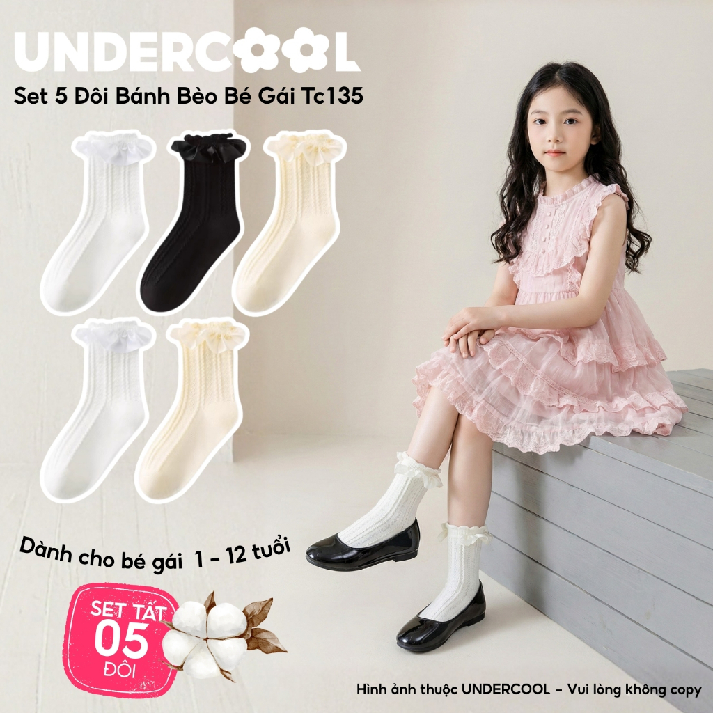 Set 5 Đôi Tất Vớ Cổ Cao Bánh Bèo Cho Bé Gái 1-12 Tuổi UNDERCOOL Cotton Mềm Mại  Phong Cách Tiểu Thư Công Chúa tc135