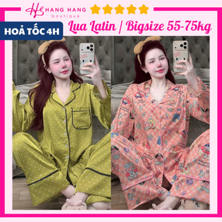 Đồ ngủ nữ bigsize 55-75kg, pijama dài tay bo chun chạy viền lụa mịn latin 75DD10, đồ bộ nữ đồ mặc nhà tiểu thư dễ thương