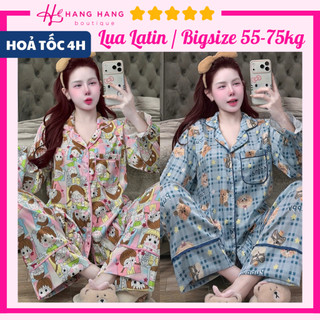 Đồ ngủ nữ bigsize 55-75kg, pijama dài tay bo chun chạy viền lụa mịn latin 75DD10, đồ bộ nữ đồ mặc nhà tiểu thư dễ thương