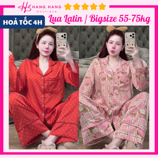 Đồ ngủ nữ bigsize 55-75kg, pijama dài tay bo chun chạy viền lụa mịn latin 75DD10, đồ bộ nữ đồ mặc nhà tiểu thư dễ thương