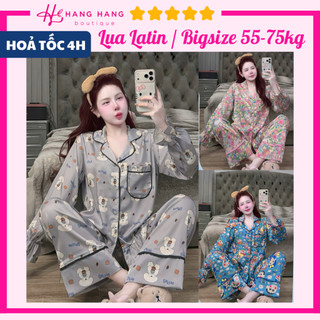 Đồ ngủ nữ bigsize 55-75kg, pijama dài tay bo chun chạy viền lụa mịn latin 75DD10, đồ bộ nữ đồ mặc nhà tiểu thư dễ thương