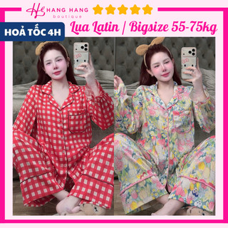Đồ ngủ nữ bigsize 55-75kg, pijama dài tay bo chun chạy viền lụa mịn latin 75DD10, đồ bộ nữ đồ mặc nhà tiểu thư dễ thương