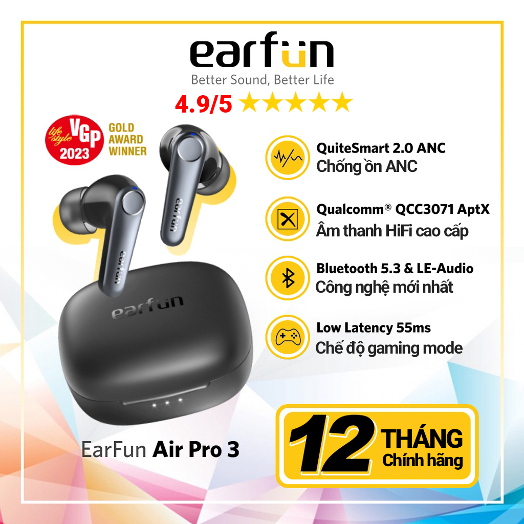 Tai Nghe Bluetooth Earfun Air Pro 3 Chống Ồn ANC 43db Chip Qualcomm Aptx Pin 45H | BigBuy360 - bigbuy360.vn