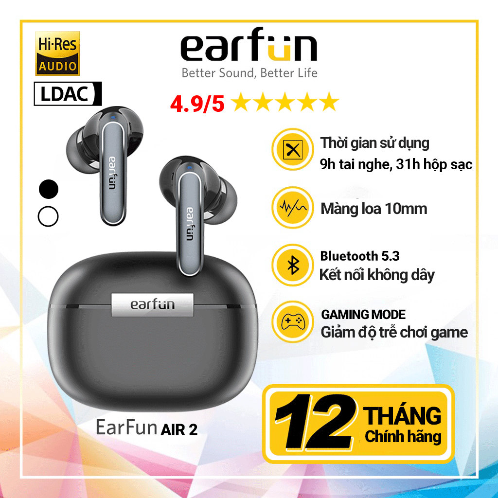 Tai Nghe Bluetooth Earfun Air 2 Âm Thanh Hi-Res LDAC Chống Nước IPX7 Pin 40H | BigBuy360 - bigbuy360.vn