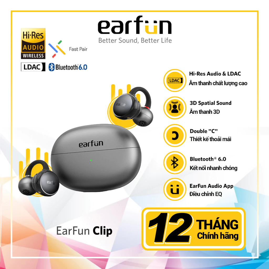 Tai Nghe Bluetooth Earfun Clip Thiết Kế Mở Open-Ear Kẹp Vành Tai Bluetooth 6.0 Hi-Res LDAC Pin 40H | BigBuy360 - bigbuy360.vn