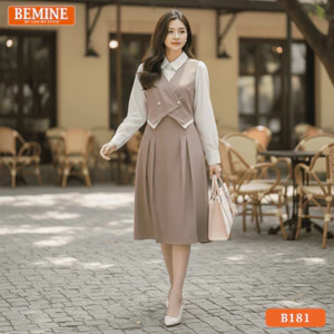 Đầm thiết kế BEMINE cổ sơ mi giả khoác tay dài dáng chữ A phù hợp đi làm-B181