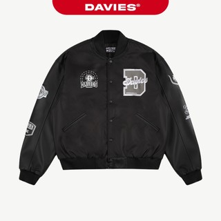 Áo varsity jacket nam nữ dù DAVIES logo thêu dù nổi, thêu da nổi, tay phối da màu đen Varsity Jacket Academy | D34-AK4