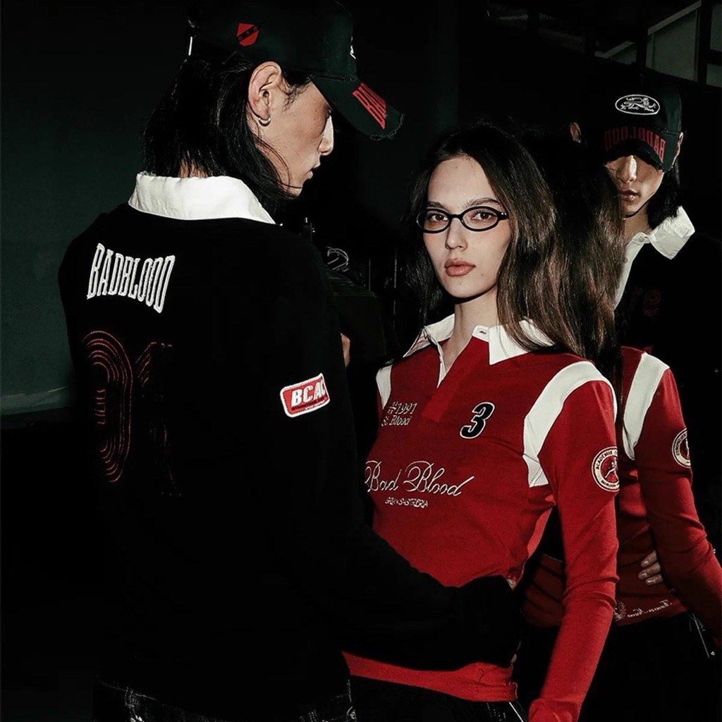 Áo thun dài tay màu đỏ hot girl dòng badblood bcac 1-1 dành cho nữ, áo polo cổ tròn phong cách đường phố thường ngày