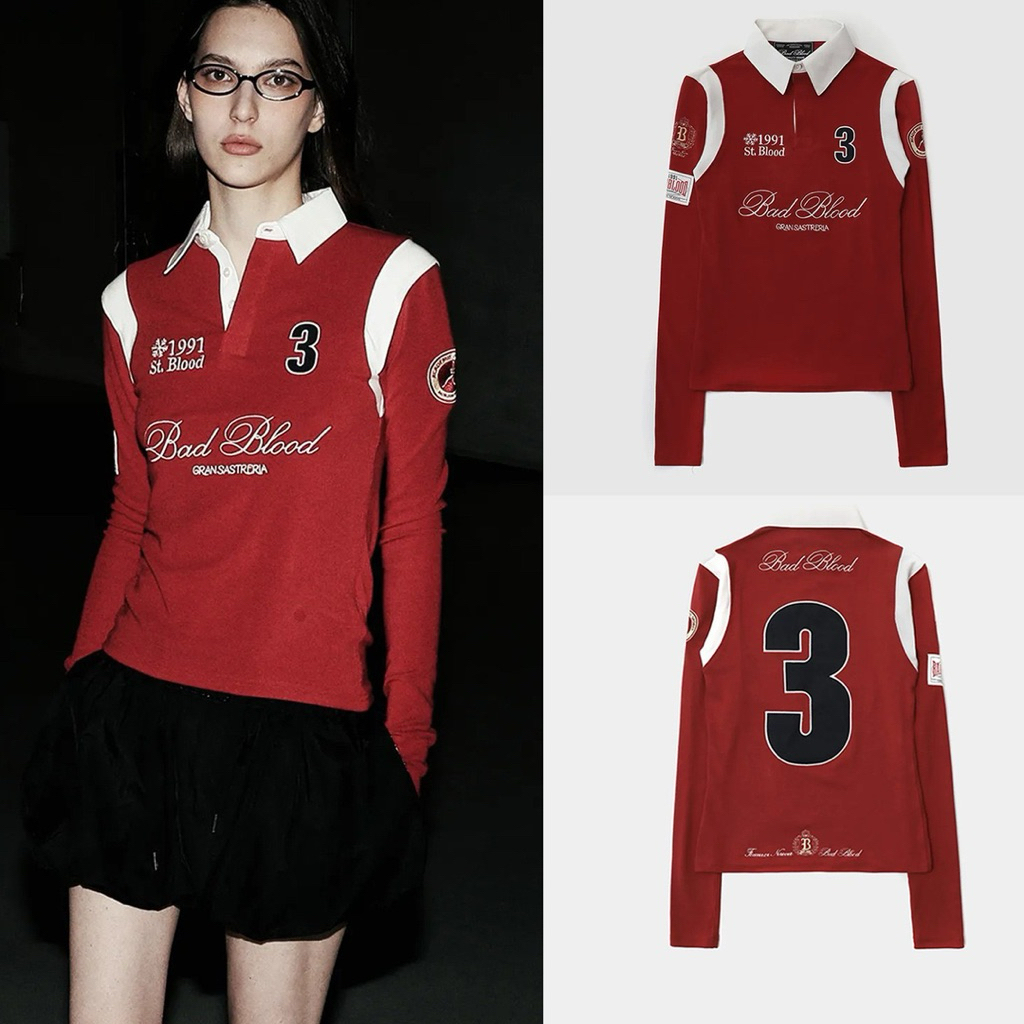 Áo thun dài tay màu đỏ hot girl dòng badblood bcac 1-1 dành cho nữ, áo polo cổ tròn phong cách đường phố thường ngày