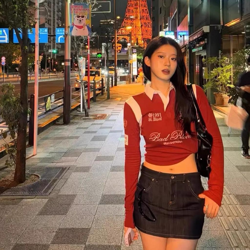 Áo thun dài tay màu đỏ hot girl dòng badblood bcac 1-1 dành cho nữ, áo polo cổ tròn phong cách đường phố thường ngày