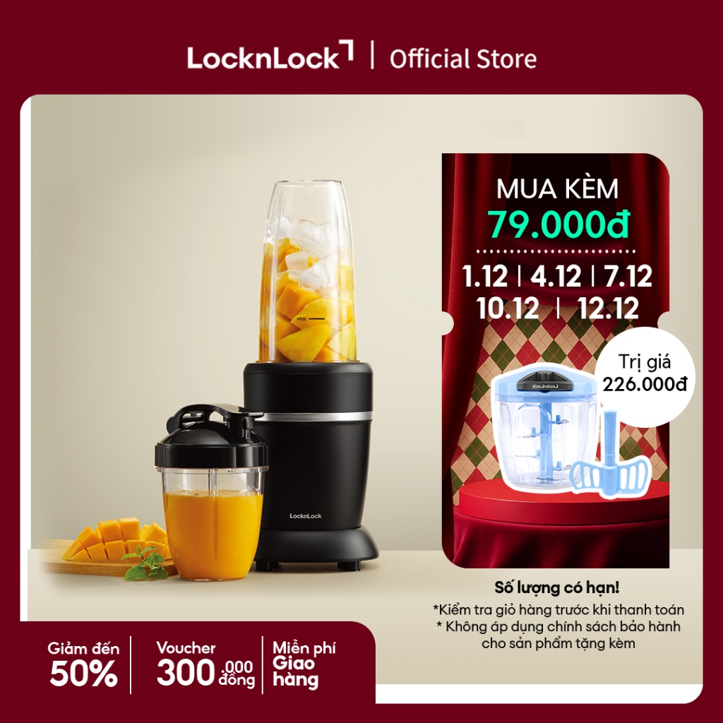 Máy xáy sinh tố LocknLock blender 2 bình đựng 950ml và 500ml xay đá chống trượt EJM452BLK