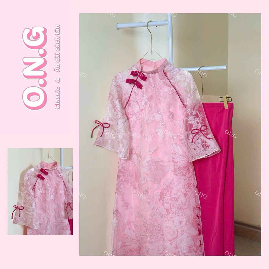 [ONG AD][ẢNH THẬT SHOP CHỤP] Áo dài Thư Kỳ Hồng 4 tà,tay loe, đính nơ cổ (XS- 8XL)