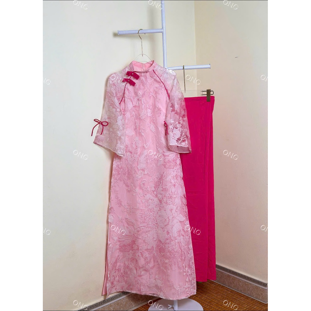 [ONG AD][ẢNH THẬT SHOP CHỤP] Áo dài Thư Kỳ Hồng 4 tà,tay loe, đính nơ cổ (XS- 8XL)