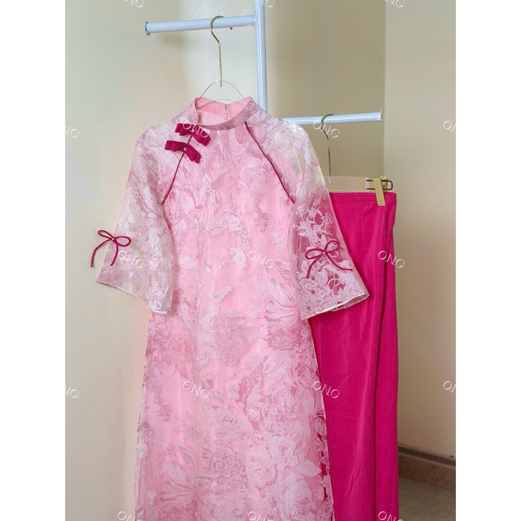 [ONG AD][ẢNH THẬT SHOP CHỤP] Áo dài Thư Kỳ Hồng 4 tà,tay loe, đính nơ cổ (XS- 8XL)