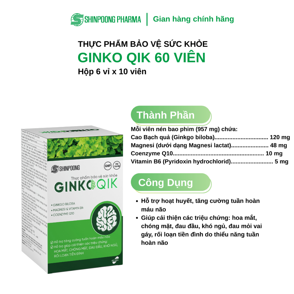 Shinpoong Ginkoqik Hỗ Trợ Hoạt Huyết Dưỡng Não, Giảm Đau Đầu, Cải Thiện Mất Ngủ, Chóng Mặt Tiền Đình - Hộp 30 Viên