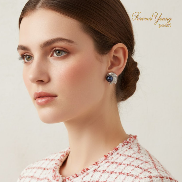 Mã BT64. Bông Tai mạ vàng Trắng ngọc Trai Tím Nuôi Nước Ngọt Dày 5-7Li Charm Đính Đá Cz Cao Cấp . Forever Young Pearl