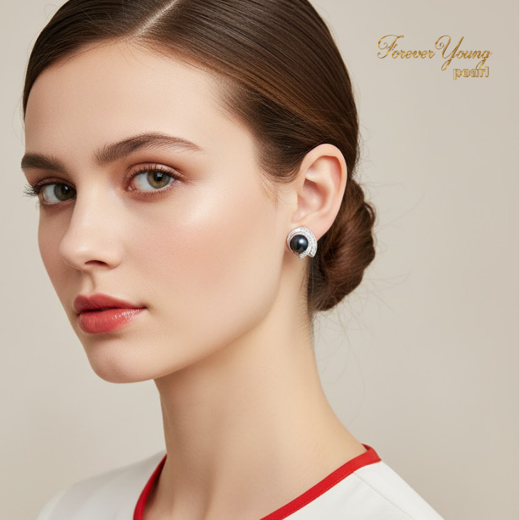 Mã BT64. Bông Tai mạ vàng Trắng ngọc Trai Tím Nuôi Nước Ngọt Dày 5-7Li Charm Đính Đá Cz Cao Cấp . Forever Young Pearl