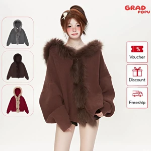 Áo khoác len GRADPOPU cổ lông lớn mềm có mũ trùm đầu cho nữ dáng rộng mặc thoải mái thanh lịch AK306