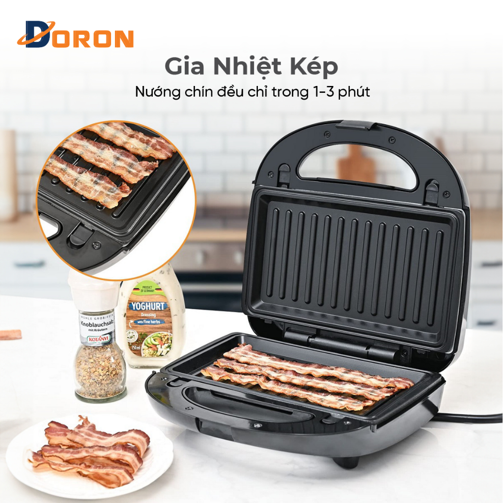 Máy nướng bánh mì DORON 750W làm nóng đều 2 mặt khuôn, bánh thơm ngon