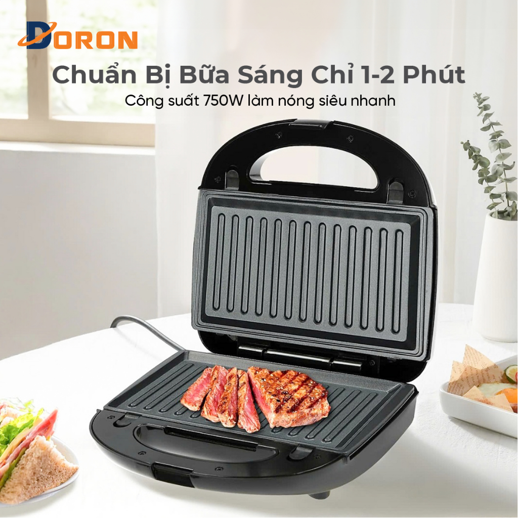 Máy nướng bánh mì sandwich DORON 750W làm nóng đều 2 mặt khuôn, bánh thơm ngon