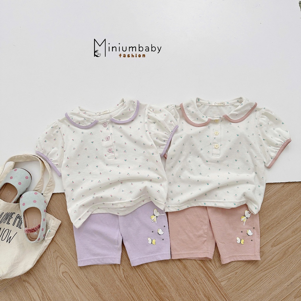 Set bộ cộc tay bé gái cổ sen đính hình điệu đà Miniumbaby, chất cotton mềm mát, bé 1-6 tuổi SB2666