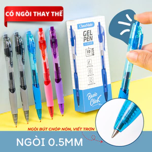 Hộp 10 Bút Gel Bấm Viết Siêu Trơn Ngòi 0.5mm Có Ruột Gel Thay Thế Mực Xanh Đen Tím, Bút Gel Béo CLASSMATE CL-GP109