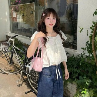 Áo kiểu babydoll cổ vuông tay phồng phối bèo trắng dáng nữ chất voan bay nhẹ xinh VANISA CT431