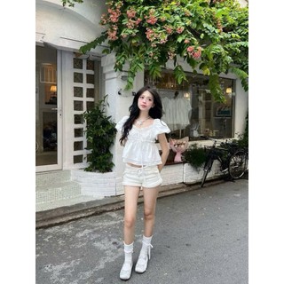 Áo kiểu babydoll cổ vuông tay phồng phối bèo trắng dáng nữ chất voan bay nhẹ xinh VANISA CT431