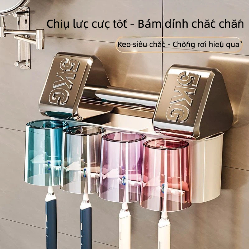 Giá để bàn chải, kem đánh răng kệ 4 ngăn kèm miếng dán keo không cần khoan tường tiện lợi