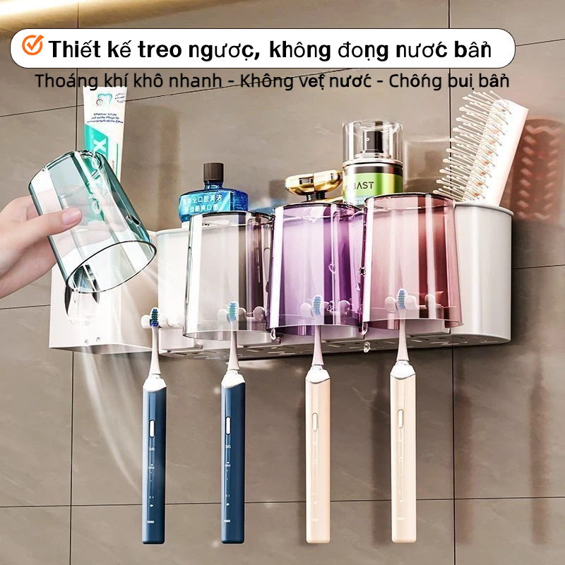 Giá để bàn chải, kem đánh răng kệ 4 ngăn kèm miếng dán keo không cần khoan tường tiện lợi