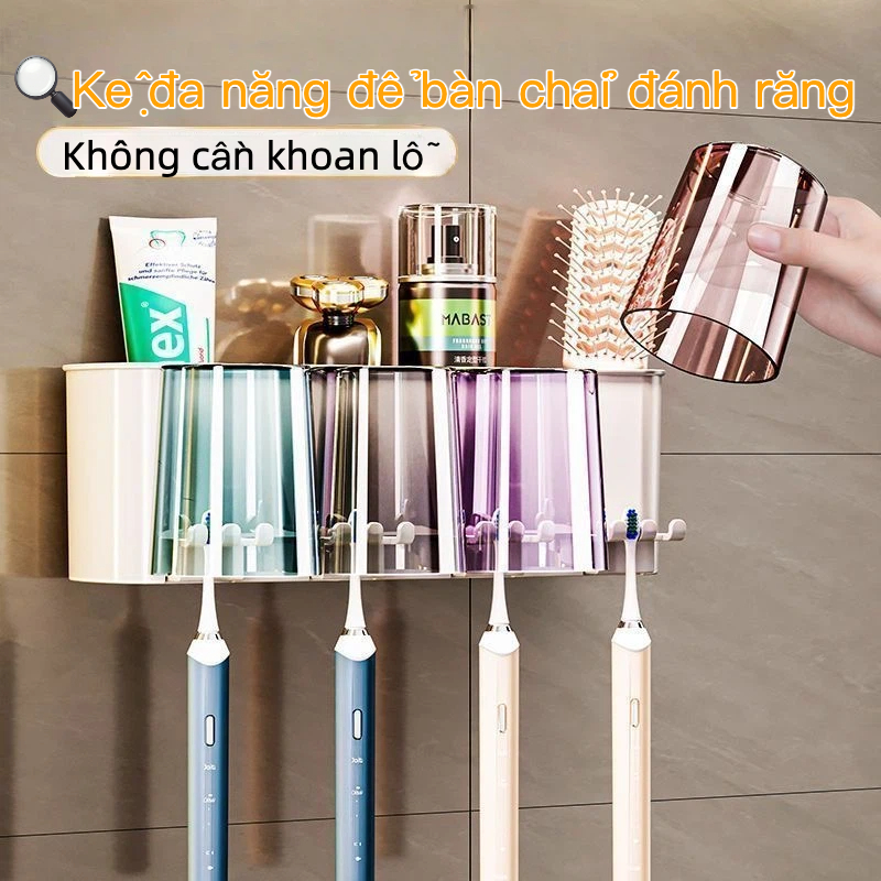 Giá để bàn chải, kem đánh răng kệ 4 ngăn kèm miếng dán keo không cần khoan tường tiện lợi