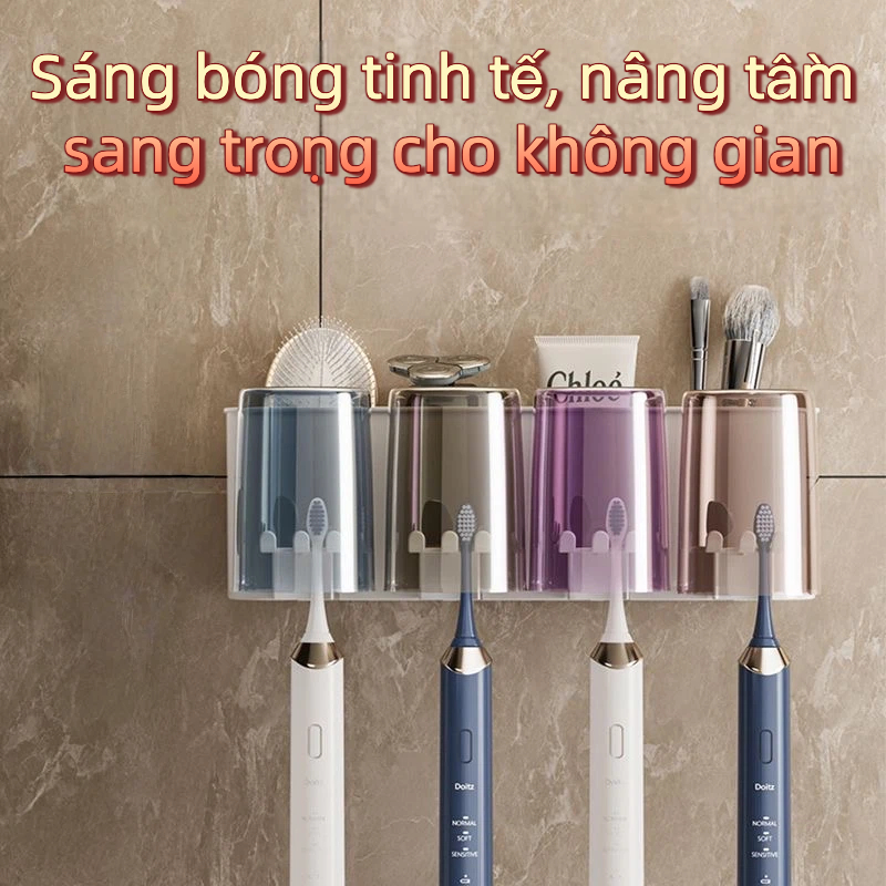 Giá để bàn chải, kem đánh răng kệ 4 ngăn kèm miếng dán keo không cần khoan tường tiện lợi