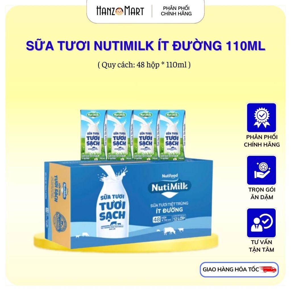 Thùng 48 Hộp Sữa Tươi Tươi Sạch NutiMilk Ít Đường 110ml