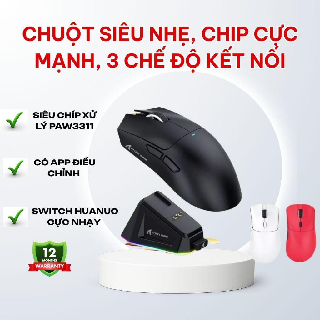 Chuột Gaming Không Dây Attack Shark R1-X11 Siêu Nhẹ Chip Paw3311 Cực Mạnh 3 Chế Độ Kết Nối Bluetooth / 2.4G / Type-C
