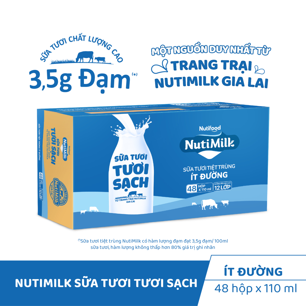 Thùng 48 Hộp Sữa Tươi Tươi Sạch NutiMilk Ít Đường 110ml