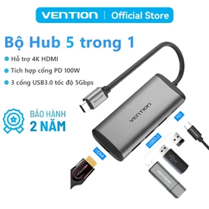 Bộ Chuyển Đổi HUB Type-C Vention 5-in-1 Hỗ Trợ HDMI 4K@30Hz, USB 3.0 Tốc Độ Cao, PD Sạc Nhanh, Cho Điện Thoại Laptop PC