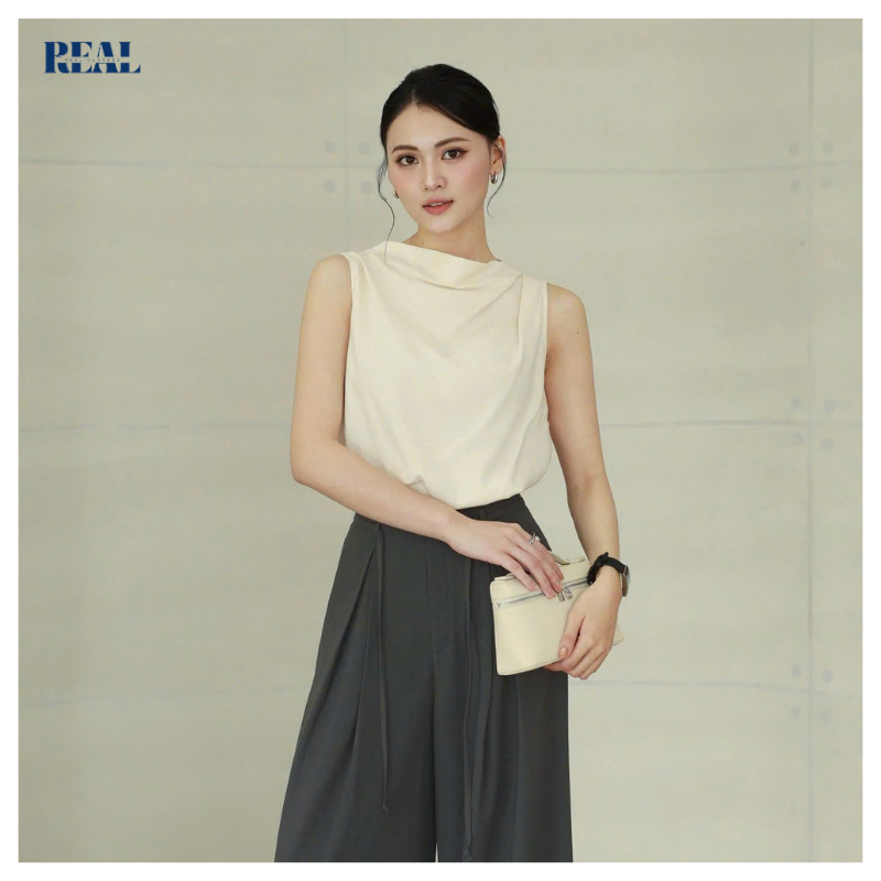 Áo kiểu không tay cổ cao Janet REAL CLOTHES (tổng hợp màu), vải cotton mát, nhẹ, thanh lịch