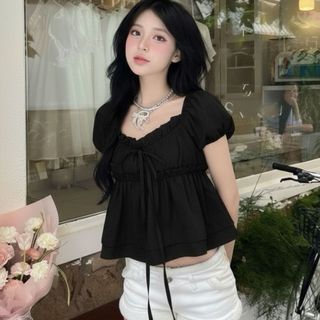 Áo  babydoll nữ xinh cổ vuông voan mỏng nhẹ tay bồng form rộng trễ vai VANISA CT431