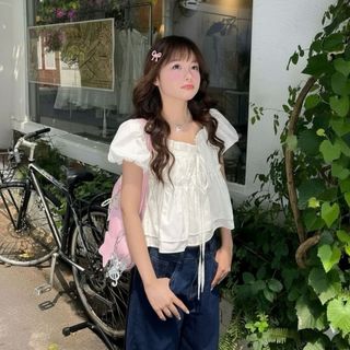 Áo babydoll nữ vải voan trắng xanh đen cổ vuông tay bồng dáng xòe dễ thương tiểu thư VANISA CT431