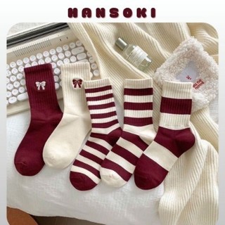 Sét 10 Đôi Vớ Tất Boot Noel Sọc Màu Đỏ Noel Chất Cotton Phong Cách Vintage Tiểu Thư, Cổ Cao
