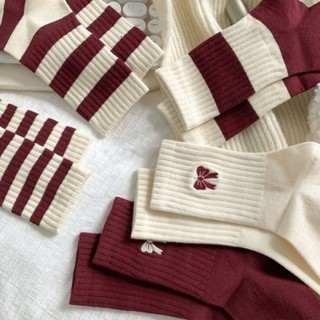 Sét 10 Đôi Vớ Tất Boot Noel Sọc Màu Đỏ Noel Chất Cotton Phong Cách Vintage Tiểu Thư, Cổ Cao