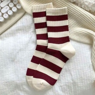 Sét 10 Đôi Vớ Tất Boot Noel Sọc Màu Đỏ Noel Chất Cotton Phong Cách Vintage Tiểu Thư, Cổ Cao