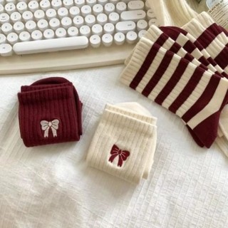Sét 10 Đôi Vớ Tất Boot Noel Sọc Màu Đỏ Noel Chất Cotton Phong Cách Vintage Tiểu Thư, Cổ Cao
