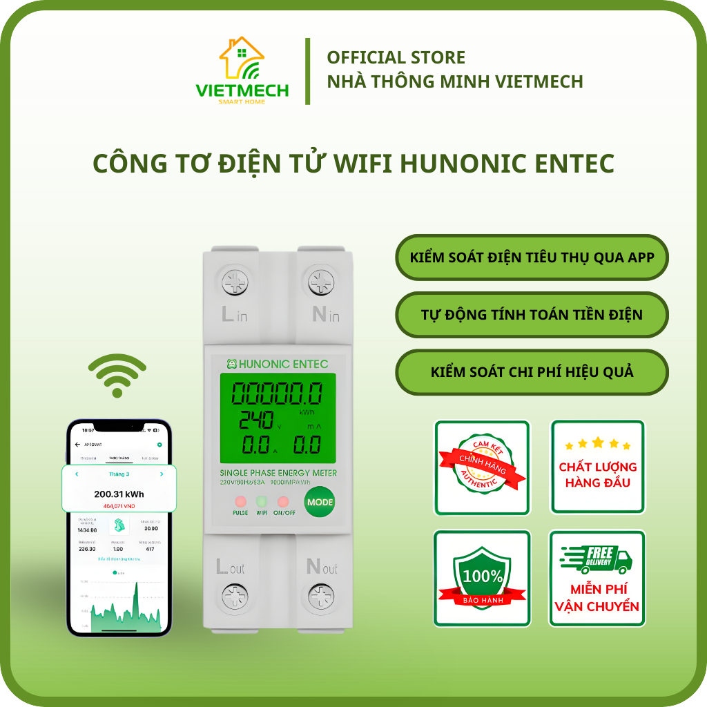 Công Tơ Điện Tử Hunonic Entec Wifi - Đo Chỉ Số Điện Năng Chính Xác, Tự ...