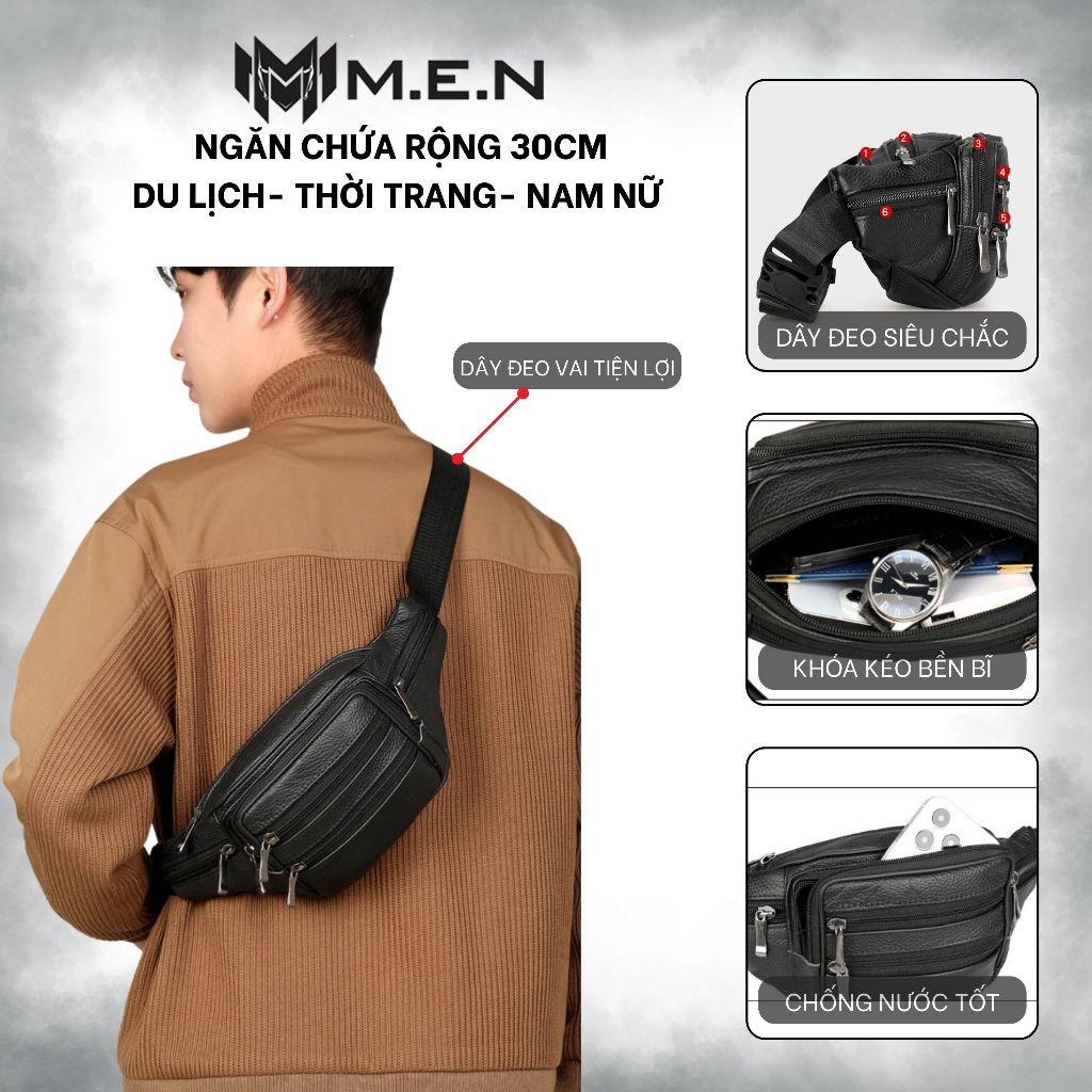 Túi đeo ngực nam nữ da xịn 6 ngăn M.E.N đen nâu [HÌNH THẬT]